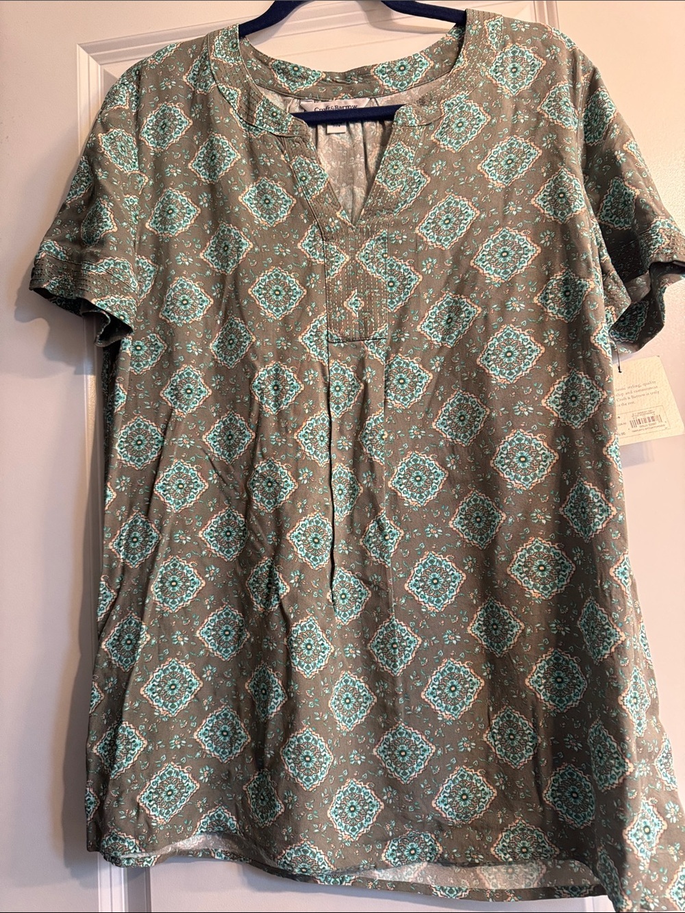 croft & barrow Taupe Tunic with Teal Medallion Print